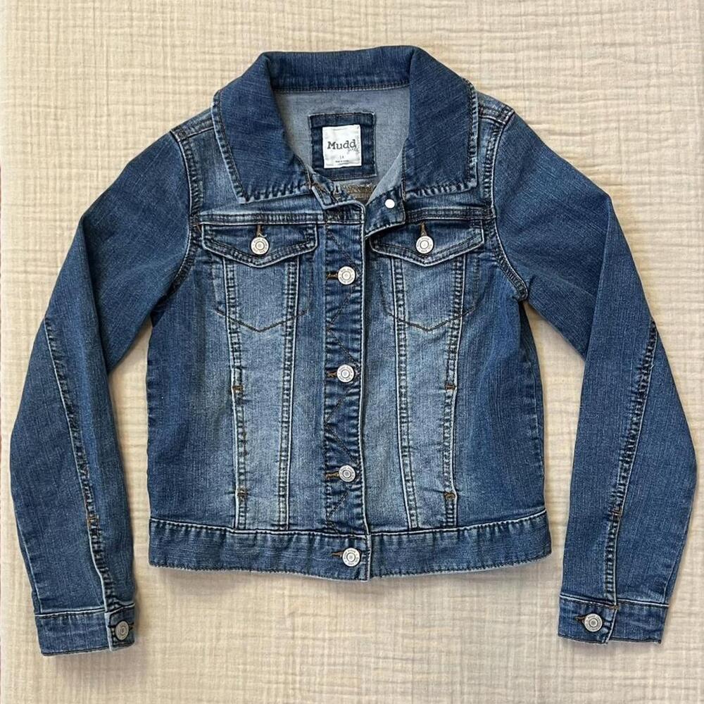 Mudd Girls blue denim jean jacket with button-up closure, long sleeves, and a ca